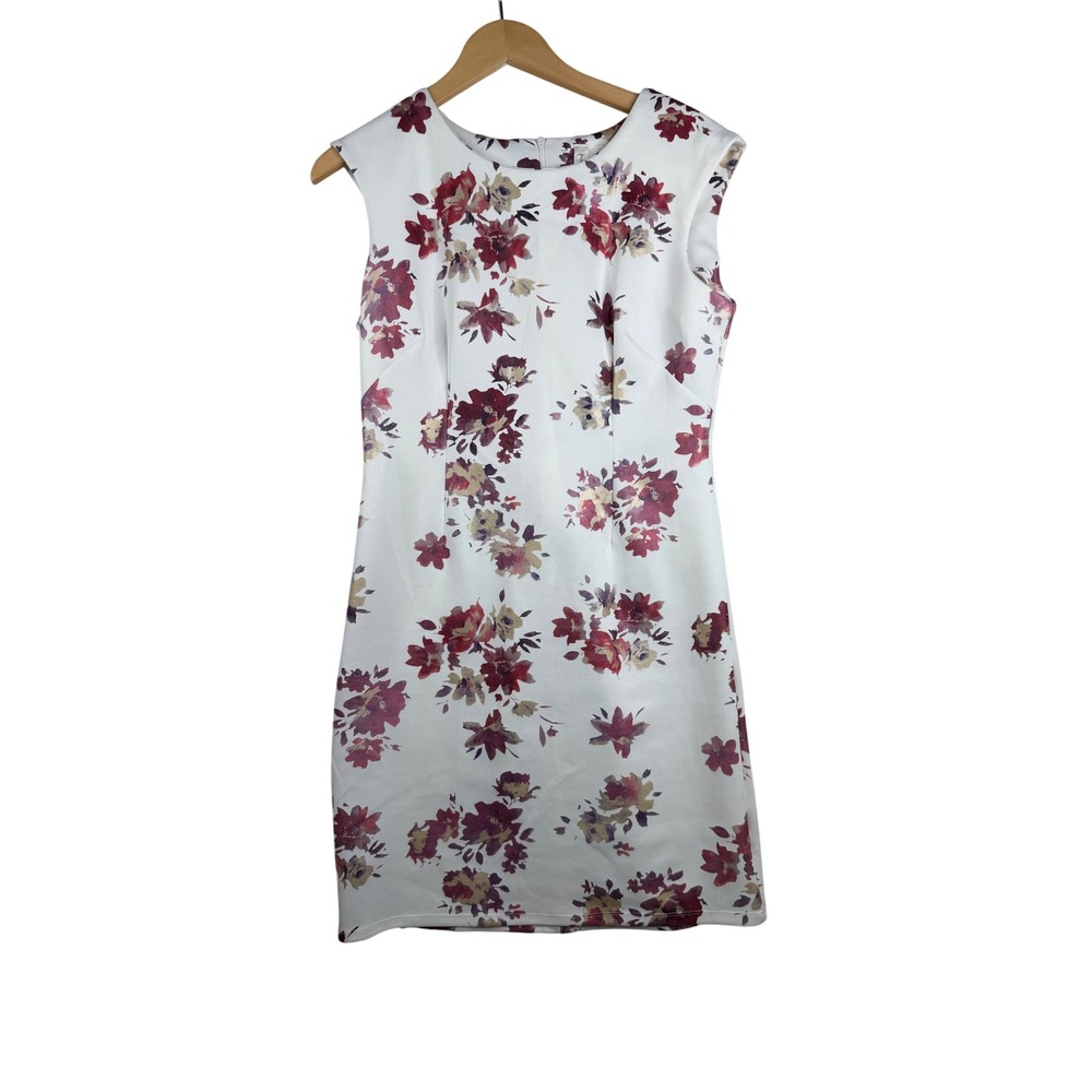 Tacera Floral Print Sleeveless Sheath Dress size 12 White/Burgundy